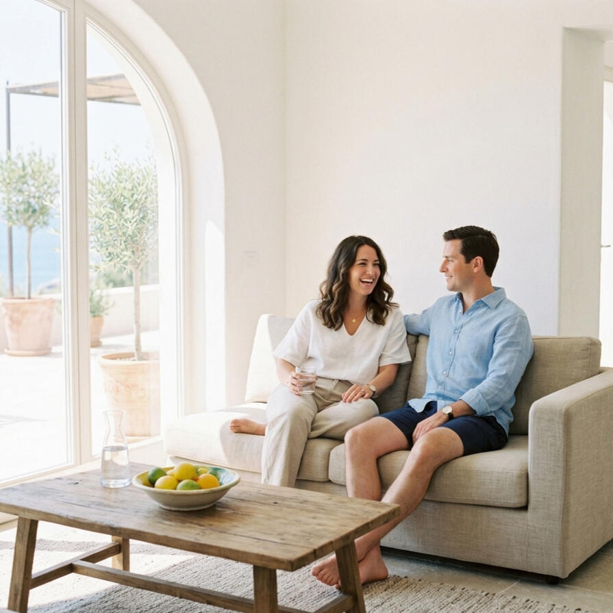 Novios Novios en un entorno mediterráneo cuidado y luminoso