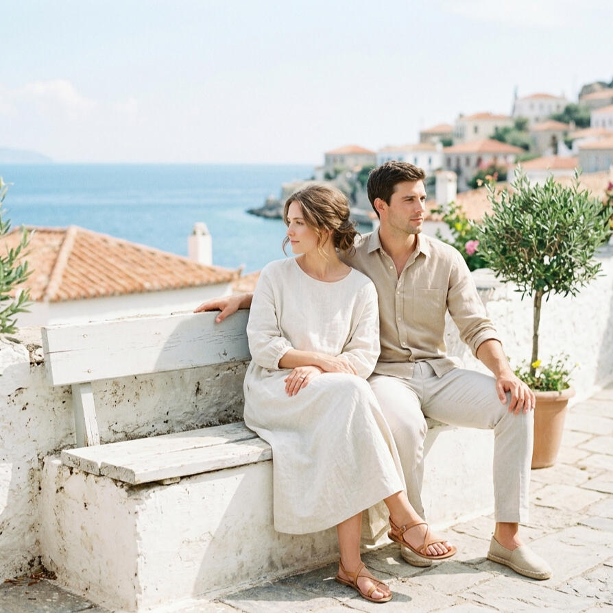 Novios en un entorno mediterráneo cuidado y luminoso