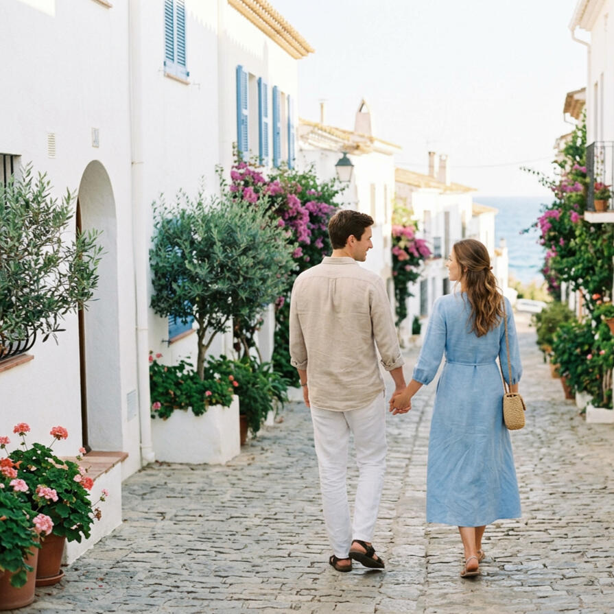 Novios Novios en un entorno mediterráneo cuidado y luminoso