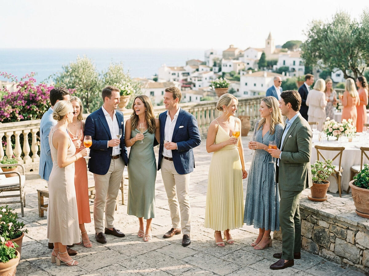 Invitados vestidos con estilo elegante y relajado en un entorno exterior