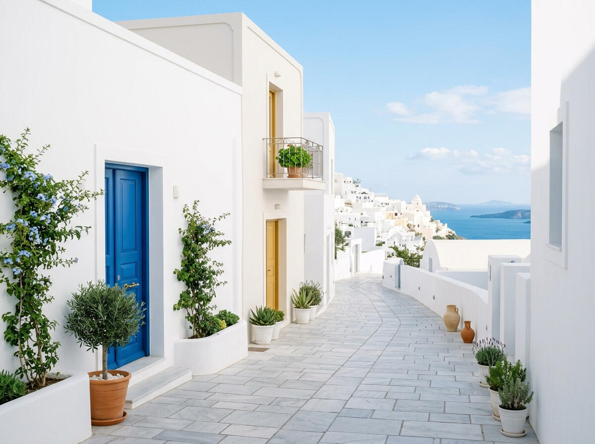 Calle mediterránea luminosa con arquitectura blanca y detalles naturales